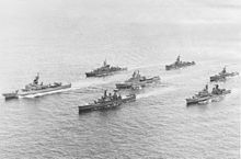 STANAVFORLANT in 1974. Annapolis is in the center NATO Standing Naval Force Atlantic ships underway in 1974.jpg