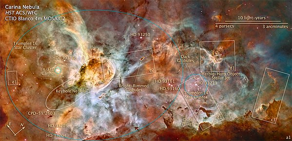 Imagem anotada da nebulosa Carina indicando a posição de vários objetos mencionados neste artigo.  Este panorama foi produzido reunindo várias imagens de telescópios terrestres e do Telescópio Espacial Hubble.  Cobre uma área de 50 anos-luz de largura.