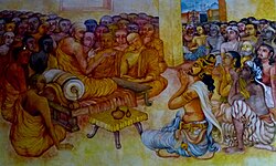 Ashoka and Monk Moggaliputta-Tissa at the Third Buddhist Council. Nava Jetavana, Shravasti. Nava Jetavana Temple - Shravasti - 014 King Asoka at the Third Council (9241725897).jpg