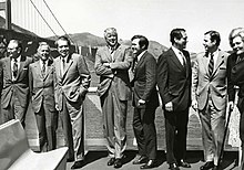 Mayor Wilson (second from right) with U.S. President Richard Nixon, First Lady Pat Nixon, and others including Interior Secretary Rogers Morton and Counselor to the President Donald Rumsfeld in front of the Golden Gate Bridge, September 1972 Nixon Golden Gate GOGA.jpg