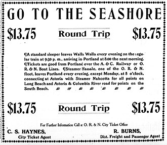 Advertisement for travel to the Long Beach Peninsula, August 22, 1906, showing Nahcotta as part of the route. OR&N ad 1904.jpg