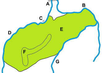 Oakhampton Castle and the deer park; A - Oakhampton; B - East Okement River; C - Oakhampton Castle; D - West Okement River; E - Deer park; F - cleared settlements; G - Moor Brook Okehampton Castle park plan.png