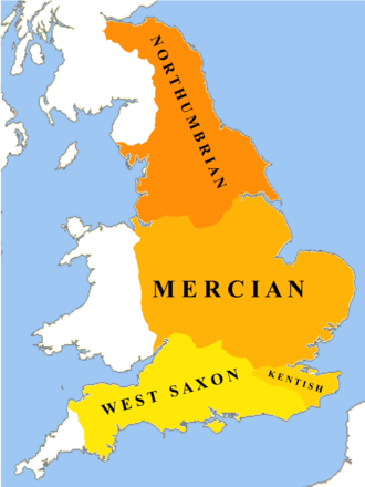 The dialects of Old English c. 800 CE Old English Dialects.png