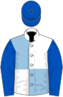 White and light blue (quartered), royal blue sleeves and cap