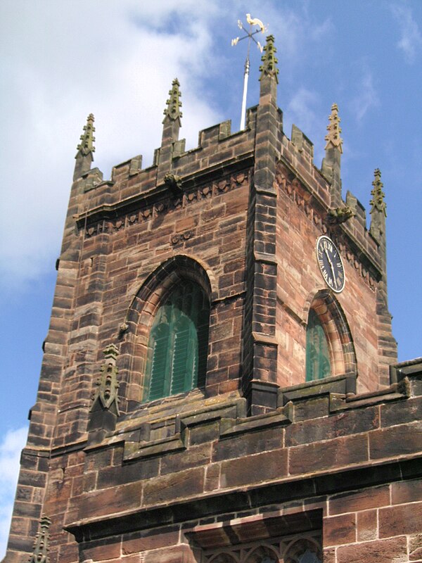 View of the tower, modified in late Perpendicular style in the 16th century.