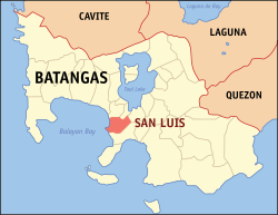 Mapa ng Batangas na nagpapakita sa lokasyon ng San Luis.