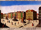 Gravure colorisée représentant la place du Marché de Liège en 1738. Gravure de Nabholz.