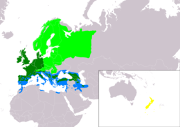 A elterjedési területe   költőhely (nyáron)   egész éves   telelőhely   betelepített terület Összeállította: BirdLife International and Handbook of the Birds of the World (2018) 2017.