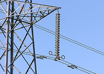 Suspension insulator string (the vertical string of discs) on a 275 kV suspension pylon