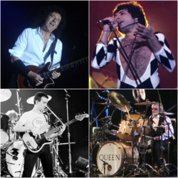Queen klassiklâš čuojâtteijeeh: Kitarist Brian May, lávloo Freddie Mercury, basist John Deacon já rumbal Roger Taylor.