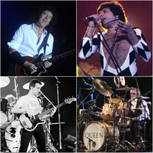 Atas: Brian May, Freddie Mercury Bawah: John Deacon, Roger Taylor