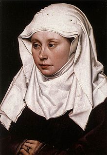 A wimple as shown in Portrait of a Woman, circa 1430-1435, by Robert Campin (1375/1379-1444), National Gallery, London. The wimple features four layers of cloth, and the pins holding it in place are visible at the top of the head. RCampin.jpg