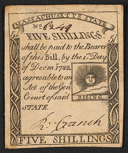 A 1779 five-shilling note issued by Massachusetts.
