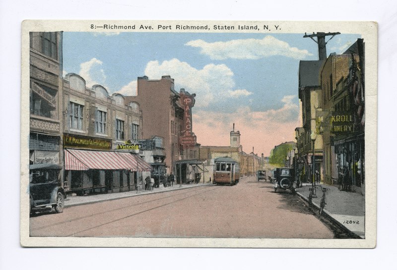 File:Richmond Ave. Port Richmond, Staten Island, N.Y. (trolley, old cars, people walking, shops on both sides of street, shop selling 'Victrolas', Palace theater) (NYPL b15279351-105074).tiff