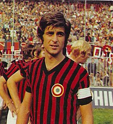 Gianni Rivera, soccer player of A.C. Milan, with the cockade of Italy, in an image from the early 1970s Rivera Gianni 02.jpg