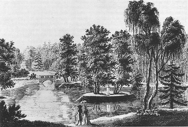 The Rousseau Island in the Großer Tiergarten, early-19th-century engraving