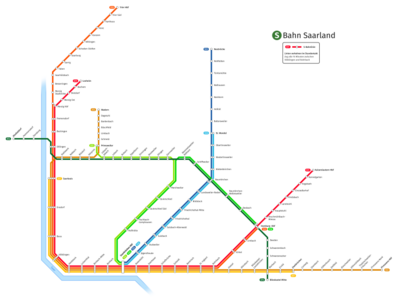 Visualisation du plan du réseau d'itinéraires du S-Bahn de la Sarre avec un développement prioritaire