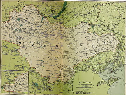 Carte de 1917, montrant les ligues de Mongolie en y incluant Mongolie-Intérieure, Mongolie-Extérieure et Touva.