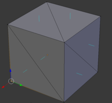 Un cub descrit en format STL, on es poden veure els triangles (dotze en total) que formen les cares i les normals a aquestes (línies en blau).