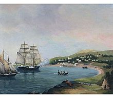 Depiction of the raid on Lunenburg in 1782 by American privateers, during the American Revolutionary War SackofLunenburgByAJWrightNSARMno1979-147no64.jpg