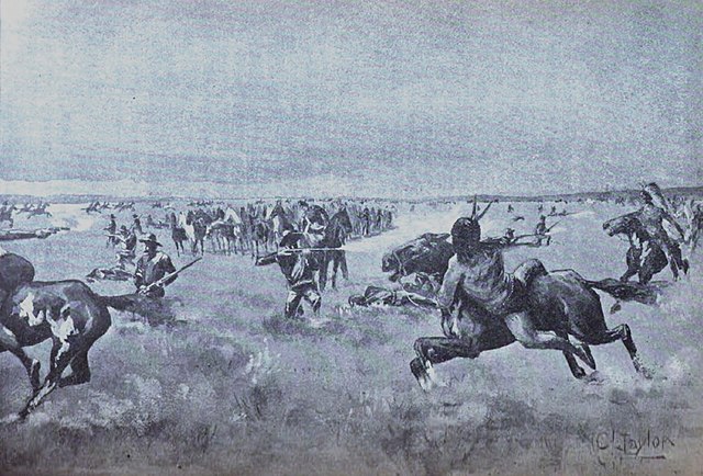 "Wounded and lifted on Horse"- A painting by C. Taylor from the book "Ups and Downs of an Army Officer" written by George A. Armes. The painting descr