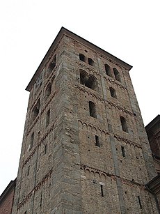 Bell tower of the abbey of Fruttuaria, 11th century, near Ivrea, Piedmont San Benigno Canavese-Torre dell'Abbazia della Fruttuaria.jpg