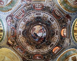 The interior of the dome, with Baroque frescoes from the late 18th century. San Vitale (Ravenna) - Dome interior.jpg