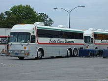 A coach, like that of Santa Clara Vanguard, is used to transport members while on tour. Most corps often rent a public charter bus for their traveling needs. Santa Clara Vanguard Bus.JPG