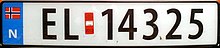 The Norwegian license plates of all-electric vehicles have a prefix "EL", "EK", "EV", "EB", "EC", "ED", "EE", "EF" or "EH" to enforce the privileges zero emission vehicles are entitled to. Skilt elbil.jpg