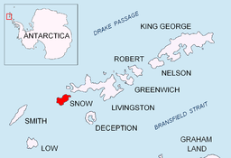 Plasseringa til Snow Island i Sør-Shetlandsøyane.