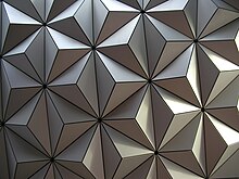 Close-up of Spaceship Earth's Alucobond tiles prior to the installation of the "Beacon of Magic" LED lights in the circular gaps Spaceship Earth tiles (close).jpg