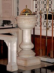 The marble baptism font at St. Matthew's German Evangelical Lutheran Church in Charleston, South Carolina.