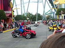 Marvel characters having a Super Hero Parade, which occurs daily within the area