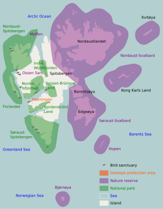 Map of protected areas of Svalbard. National parks in green, nature reserves in purple, geotope protection areas in orange, bird sanctuaries with a bird icon, islands in black and seas in blue. Svalbard protected areas map with names.svg