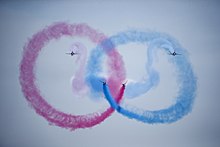 Red Arrows with red and blue smoke, in April 2016 at Tanagra Air Base in Greece Symmetry MOD 45160740.jpg