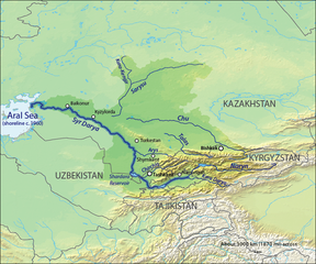 Kaart van die Sirdarja-bekken in Asië.