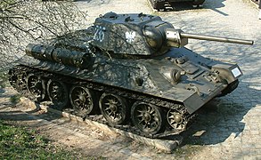 Soviet-made Polish T-34 medium tank Model 1942 in Poznań, Poland. The model 1942's hexagonal turret distinguishes it from earlier models.