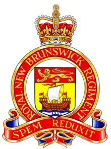 The badge of the Royal New Brunswick Regiment, which received the royal designation from Queen Elizabeth II in 1956 The Royal New Brunswick Regiment Crown Ship Lion Royal Cap Badge HD Zoomed in.png