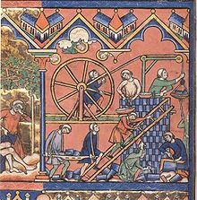 A 13th century drawing of a treadwheel crane Treadmillcrane.jpg