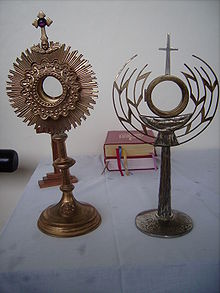 Two monstrances, showing the contrast between the modern simplified design on the right with its more ornate predecessor on the left Two Monstrance.JPG