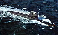 The first nuclear missile sub USS George Washington (SSBN-598) underway at sea, circa in the 1970s.jpg