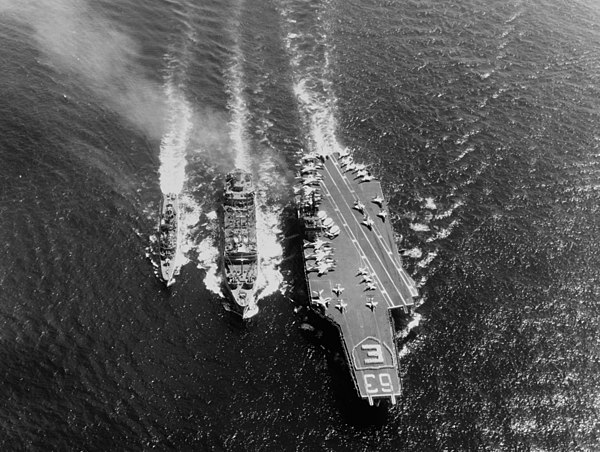 Kitty Hawk and the destroyer Turner Joy refuel from Kawishiwi in 1964