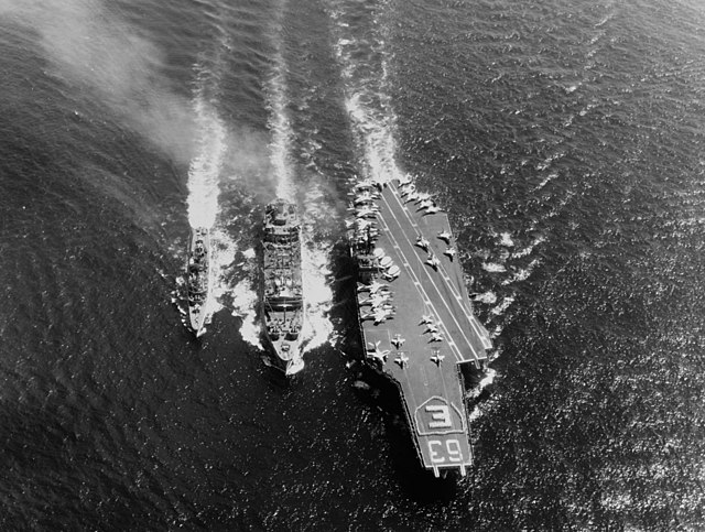 Kitty Hawk and the destroyer Turner Joy refuel from Kawishiwi in 1964