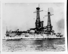 Wisconsin c. 1918; note the secondary guns have been removed and plated over USS Wisconsin underway c. 1918.tiff