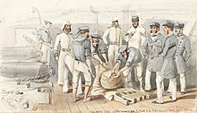 Unpacking a bale of silk recovered by HMS Chesapeake from the wreck, March 1858 Unpacking a bale of silk recovered from the wreck of the P&O steamer Ava, March 1858.jpg