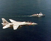 VF-102 TARPS mission to keep an eye on Soviet Balzam intelligence gathering ship attempting to shadow NATO maneuvers in 1985. VF-102 F-14 overflies Balzam class.jpg