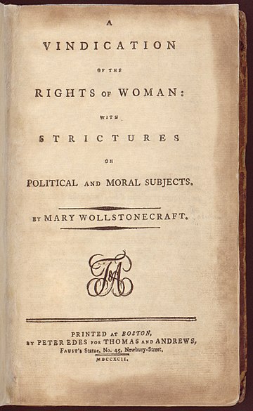 Title page from A Vindication of the Rights of Woman (1792), by Mary Wollstonecraft, an early feminist and proponent of free love.
