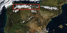 Cantabrian Mountains in the north, which rain-shadow most of Spain. Vista satelital de la cordillera Cantabrica en toda su extension, senalada mediante un recuadro rojo.jpg