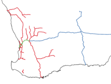 A map of the southern half of Western Australia showing the railways coloured by their gauge