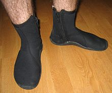 A pair of zippered wetsuit boots. Note the reinforced sole for protection. WetsuitBootPair.jpg